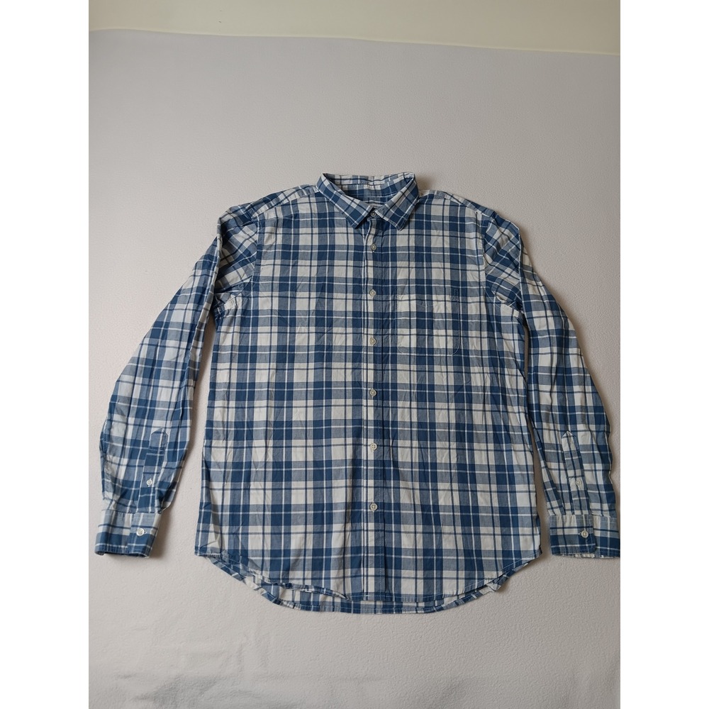 Old Navy Everyday Shirt Mens Large Blue White Plaid Built-In Flex Regular Fit